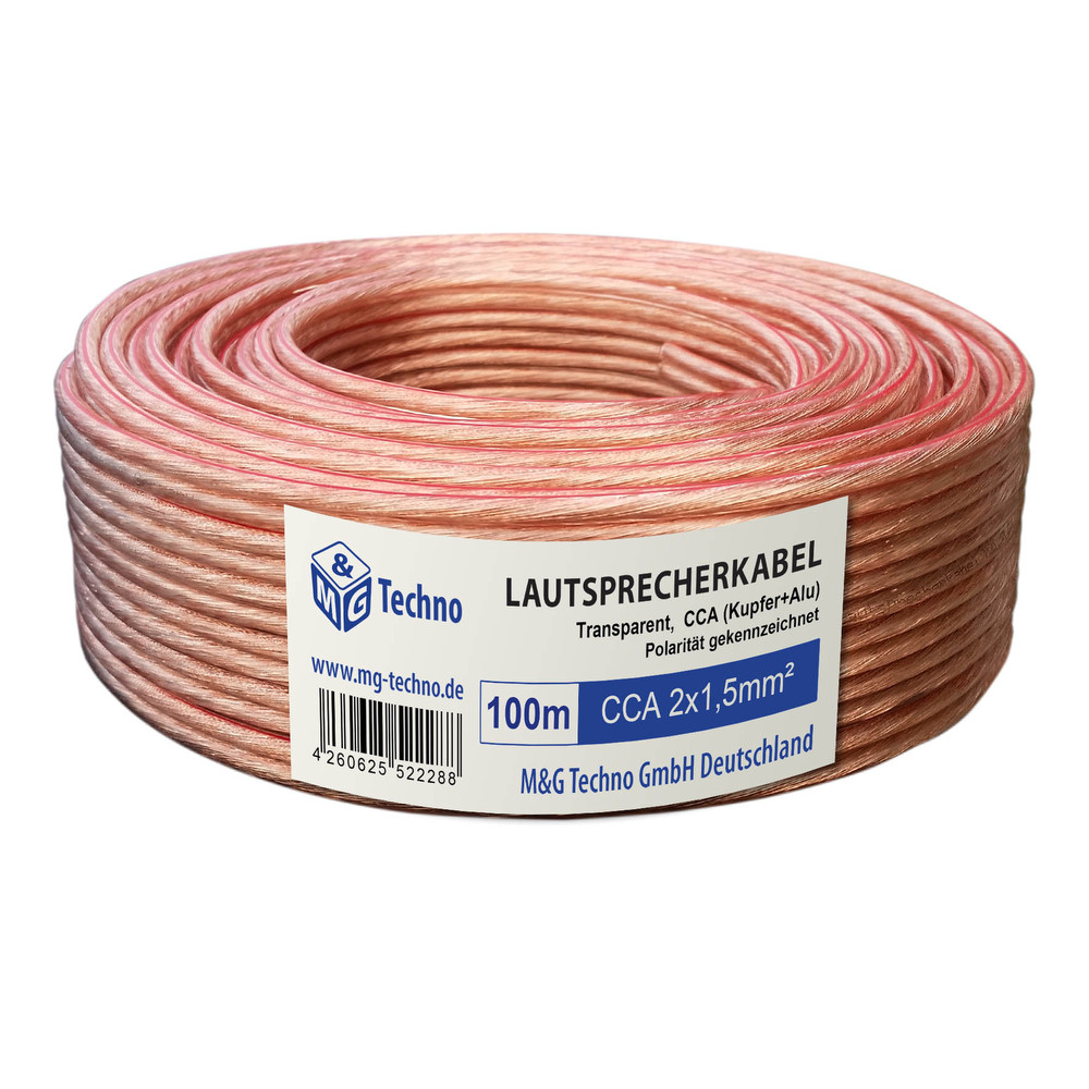 100m Lautsprecherkabel 2x1,5mm² CCA Audio Transparent Metermarkierung