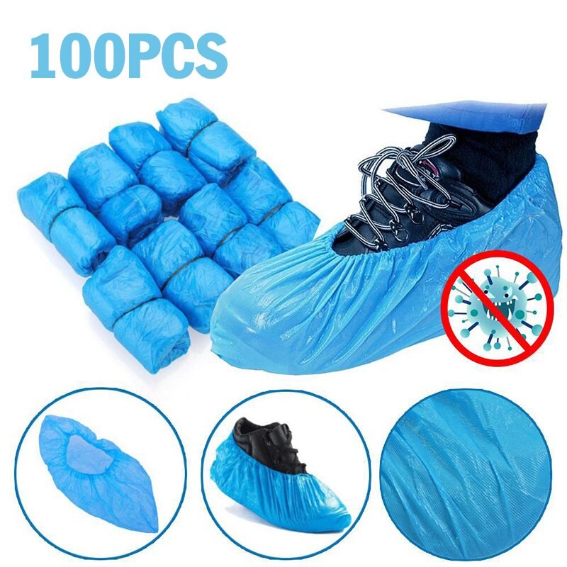 🔥100/200 Couvre-chaussures Jetables Prévenir La Pollution Et Porter Bien Bleu Antidérapant En Plastique Nettoyage Couvre-chaussures Botte Sécuri thumbnail