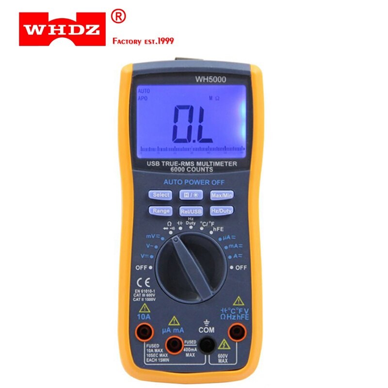 WHDZ-multimètre Numérique WH5000, 5999 Mesures, Avec Interface USB, Plage Automatique, Avec Aimant Rétroéclairé, Ampèremètre à Accrocher AC DC