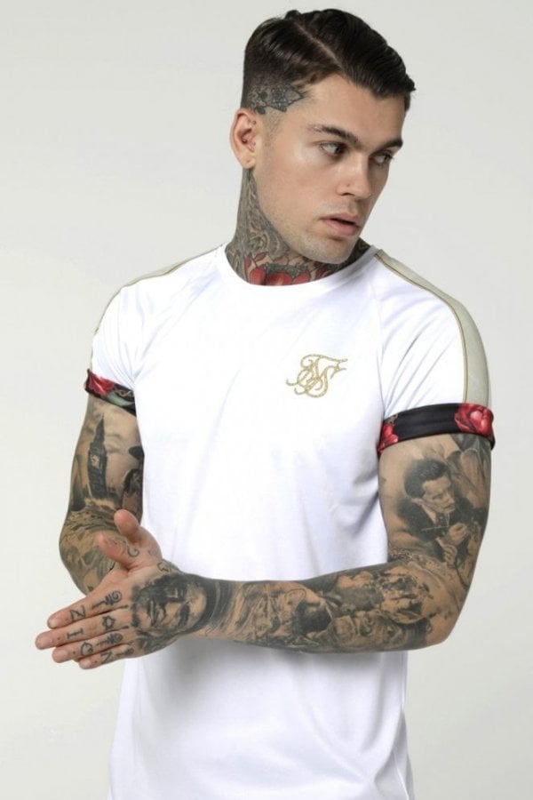 SikSilk Majestic Roll Sleeve Tee - White/Ecru/Red Size: M