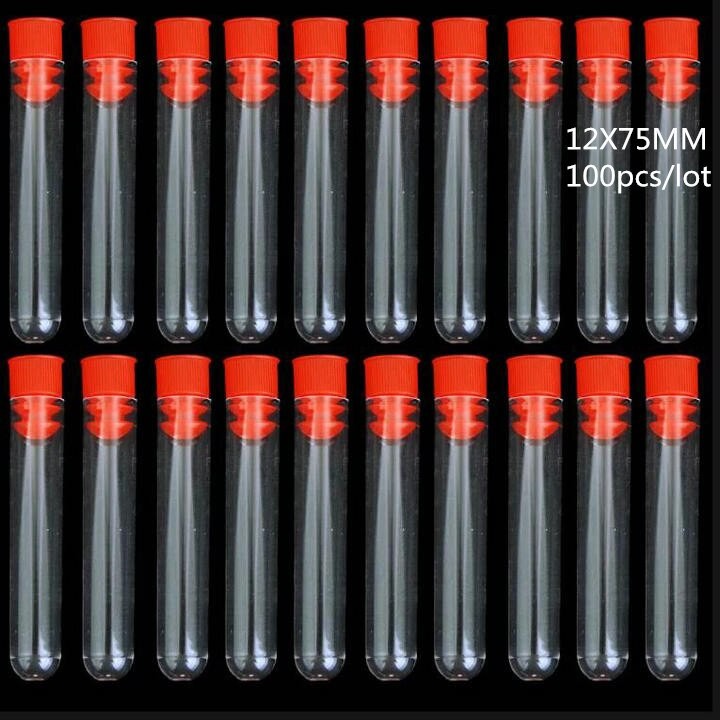100 PièCES 12x75mm Tubes à Essai En Plastique Transparent Avec Bleu/rouge Bouchon Poussoir Bouchon Pour La Sorte Des Expériences Et Des Essais
