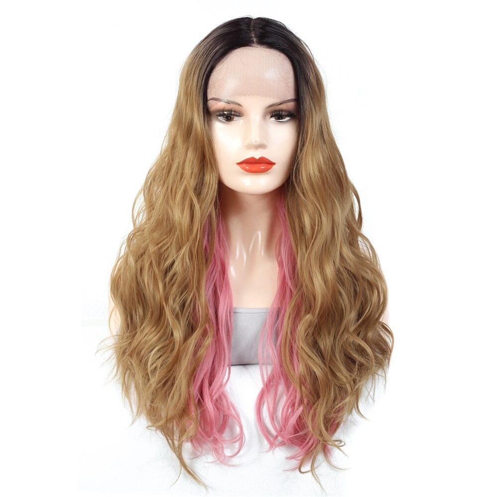 Perruque Lace Front Wig Naturelle, Cheveux Longs Ondulés, Fibre Résistante à La Chaleur, Couleur Dégradée, 2 Parties, Brun Et Rose Ombré, X-TRES thumbnail