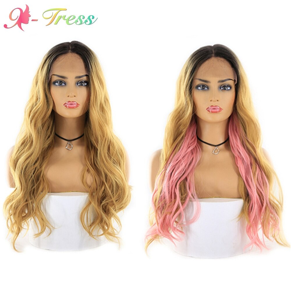 Perruque Lace Front Wig Naturelle, Cheveux Longs Ondulés, Fibre Résistante à La Chaleur, Couleur Dégradée, 2 Parties, Brun Et Rose Ombré, X-TRES