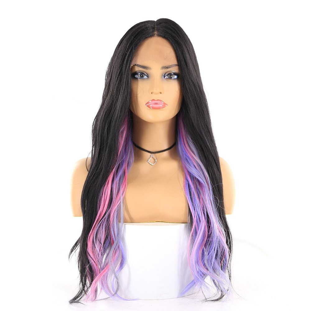 Perruque Lace Front Wig Naturelle, Cheveux Longs Ondulés, Fibre Résistante à La Chaleur, Couleur Dégradée, 2 Parties, Brun Et Rose Ombré, X-TRES thumbnail