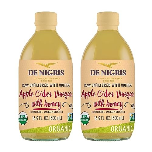 De Nigris Organic Apple Cider Vinegar with Honey Raw & Unfiltered 16,9 Oz (Pack of 2) | Apple Cider Vinegar with Mother, for the Balance of Metabolism