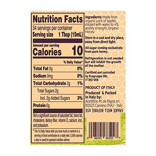 De Nigris Organic Apple Cider Vinegar with Honey Raw & Unfiltered 16,9 Oz (Pack of 2) | Apple Cider Vinegar with Mother, for the Balance of Metabolism thumbnail