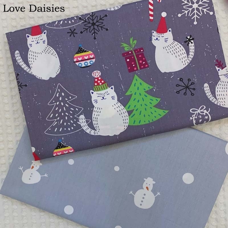 100% Coton Sergé Violet Bleu Dessin Animé Noël Chat Pin Bonhomme De Neige Dot Tissu Pour Enfant Feuille Coussin Quilting Décor à La Maison Artisa