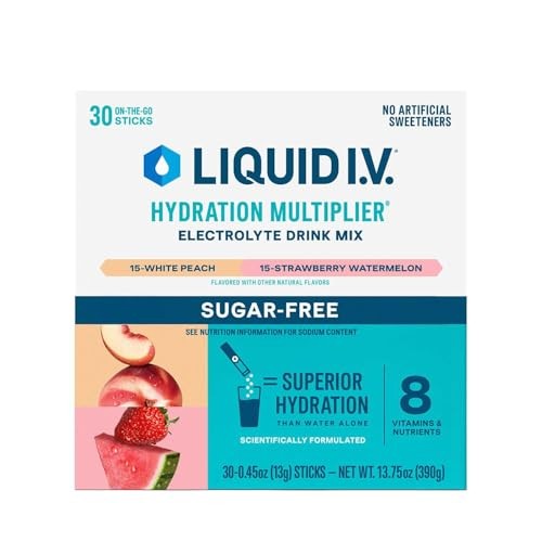Liquid I.V. Hydration Multiplier Sugar Free Variety Pack, 30 Servings - White Peach and Strawberry Watermelon |Electrolyte Drink Mix | Easy Open Singl