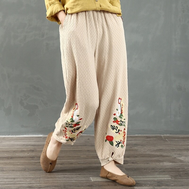Bomuld Etnisk Pantalon Femme Kvinder Efterår forår Hippie Ankel-længde Blomster Broderi Kinesiske Bukser Harembukser 11808