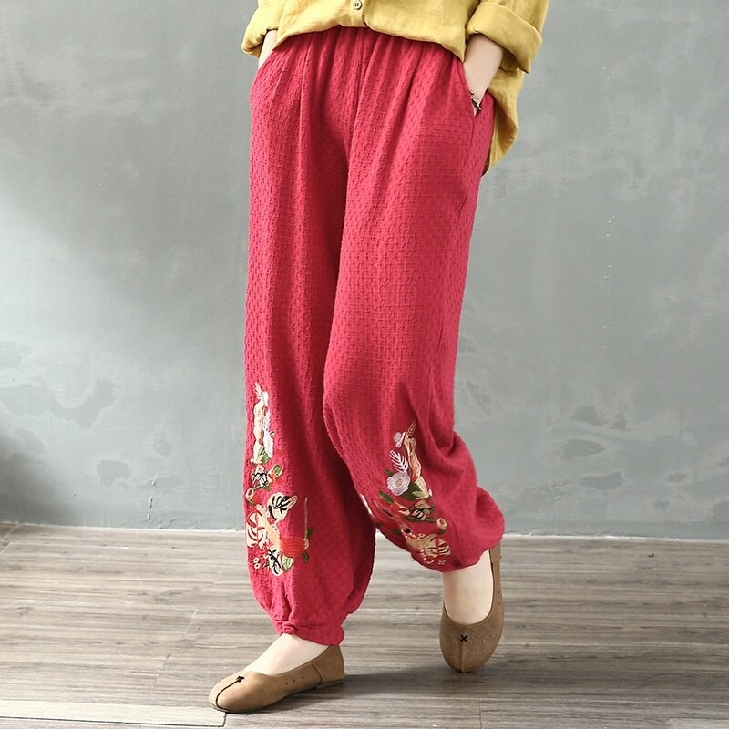 Bomuld Etnisk Pantalon Femme Kvinder Efterår forår Hippie Ankel-længde Blomster Broderi Kinesiske Bukser Harembukser 11808