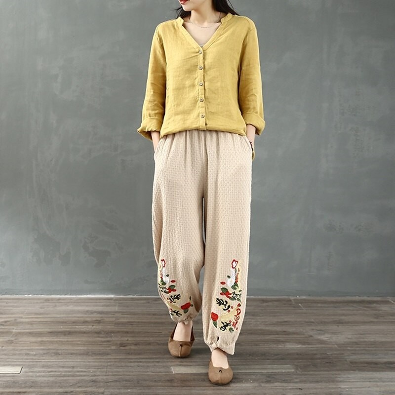 Bomuld Etnisk Pantalon Femme Kvinder Efterår forår Hippie Ankel-længde Blomster Broderi Kinesiske Bukser Harembukser 11808 thumbnail