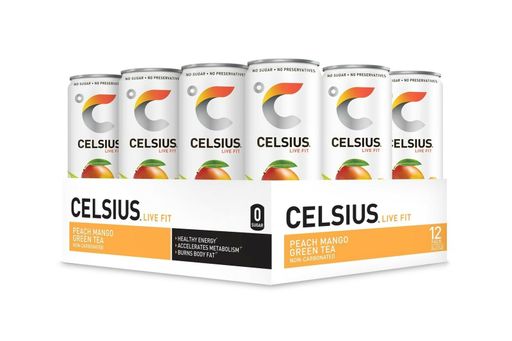 CELSIUS Peach Mango Green Tea Non-Carbonated Fitness Drink, ZERO Sugar, 12oz.