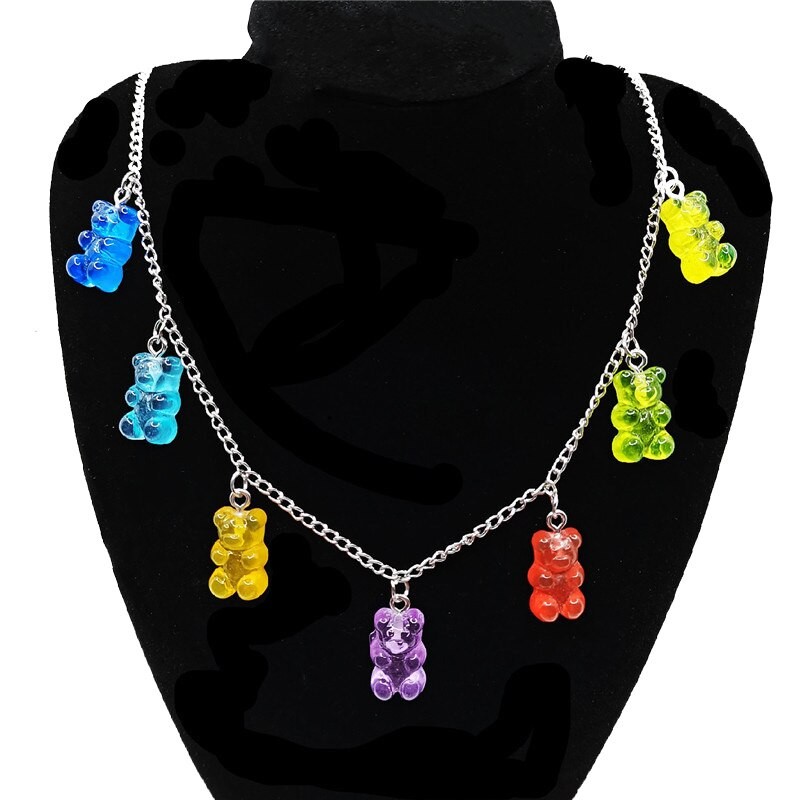 Rainbow Cute Jelly Bear Gummy Necklaces for Women Girls Punk Hip Hop Resin Stainless Steel Chain Necklaces Accessories