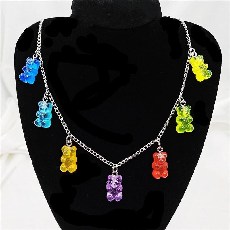 Rainbow Cute Jelly Bear Gummy Necklaces for Women Girls Punk Hip Hop Resin Stainless Steel Chain Necklaces Accessories thumbnail