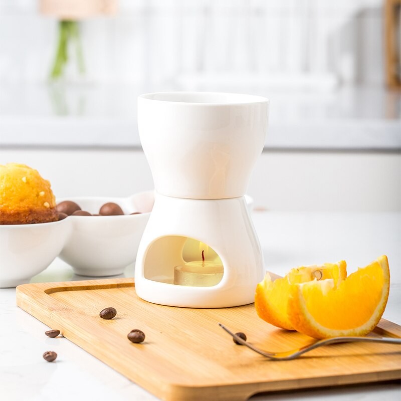 120 Ml Ceramic Chocolate Fondue Ice Cream Pot Set with Fork and Candle Butter Warmers WJB42002