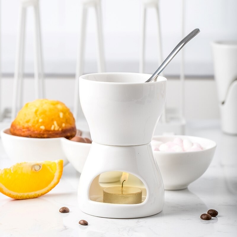 120 Ml Ceramic Chocolate Fondue Ice Cream Pot Set with Fork and Candle Butter Warmers WJB42002 thumbnail