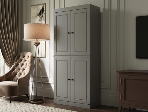 Palace Imports Solid Wood Bookcase - 6-Tier Bookshelf, 71.5” H - Gray, Wooden Cabinet Doors & Adjustable Shelves, Tall Bookcase for Living Room, 100