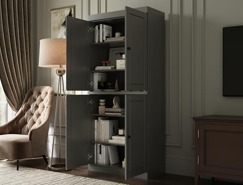 Palace Imports Solid Wood Bookcase - 6-Tier Bookshelf, 71.5” H - Gray, Wooden Cabinet Doors & Adjustable Shelves, Tall Bookcase for Living Room, 100 thumbnail