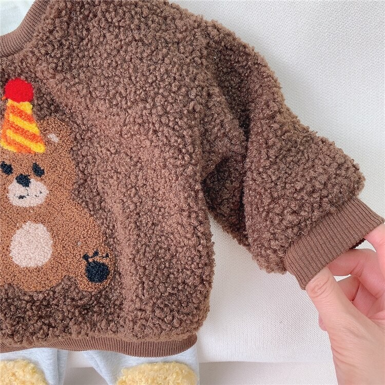 9332 Baby Hoodies Autumn and Winter Korean Baby Boy Wool Sweatershirt Long Sleeve Cartoon Bear Girl's Pullover Tops thumbnail