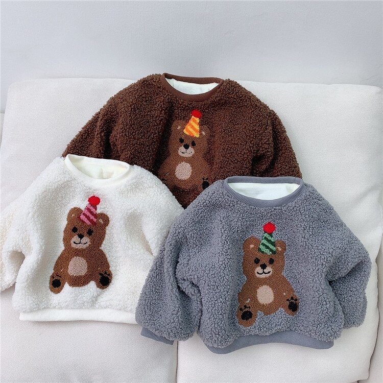 9332 Baby Hoodies Autumn and Winter Korean Baby Boy Wool Sweatershirt Long Sleeve Cartoon Bear Girl's Pullover Tops