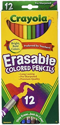 Crayola Erasable Colored Pencils, 12 Non-Toxic, Pre-Sharpened, Kids 4 & up, Colors May Vary