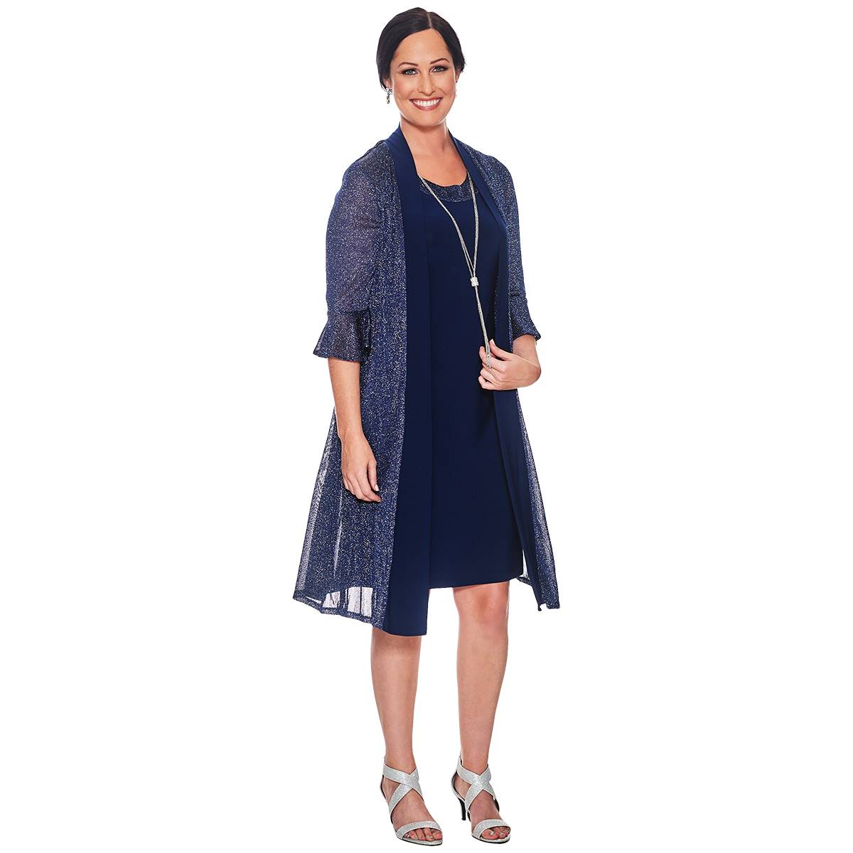 R&M Richards Bell Sleeve Metallic Knit Jacket Dress Navy