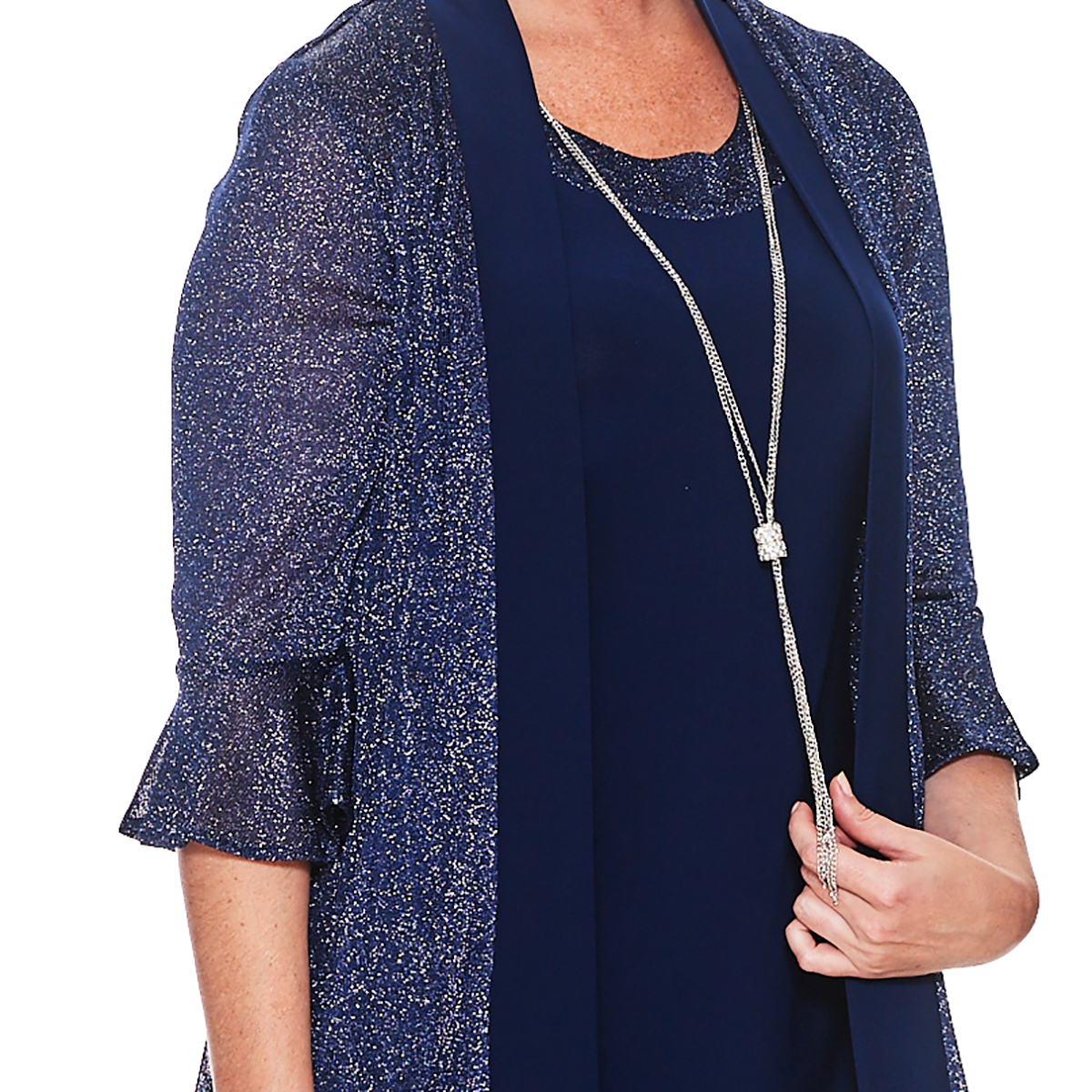 R&M Richards Bell Sleeve Metallic Knit Jacket Dress Navy thumbnail