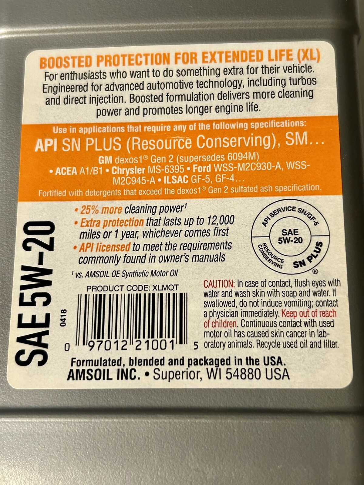 AMSOIL 100% SYNTHETIC XL Motor Oil SAE 5W-20 BOOSTED ENGINE PROTECTION 1 QT NEW thumbnail