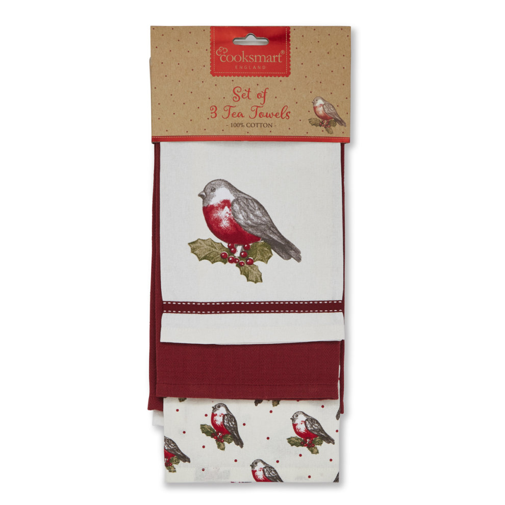 Cooksmart Christmas Red Red Robin Collection, Set of 3 Tea Towels 1136