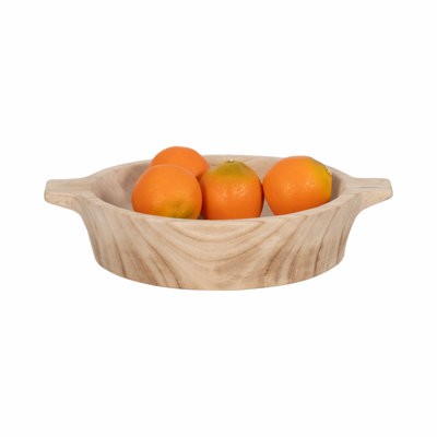 Modern Round Wood Decorative Bowl with Handles for Coffee Table - Centerpiece Table Decorations and Dining Room for Home Decor Accents - Rustic Kitche