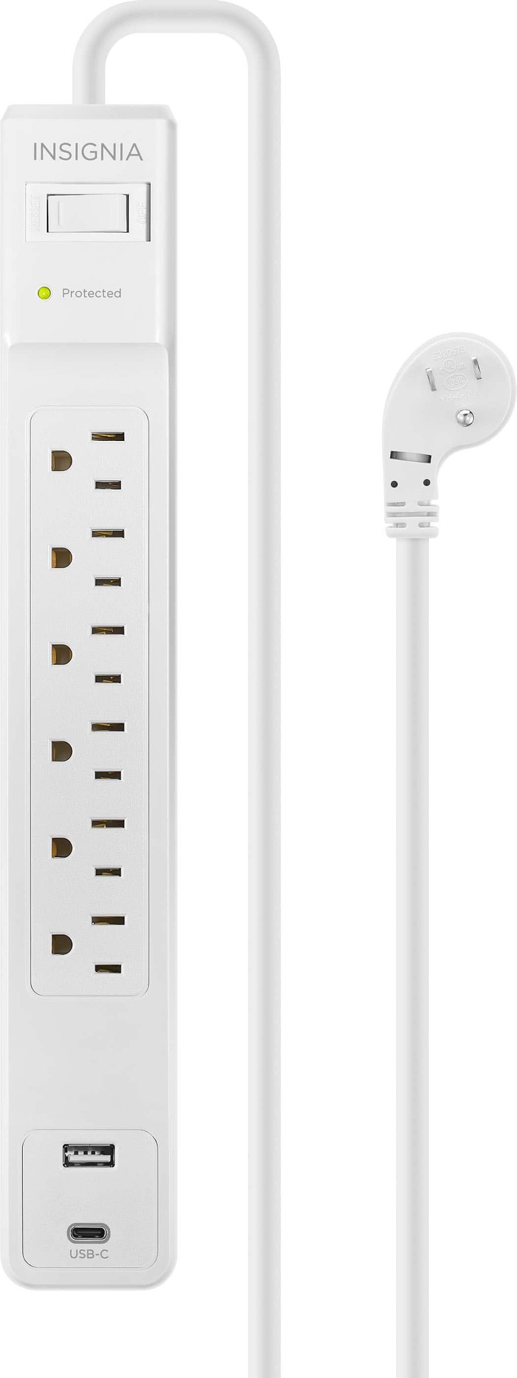 Insignia™ - 6-Outlet / 1-USB-C / 1-USB 1,800 Joules Surge Protector Strip with 6 Ft. Power Cord - White