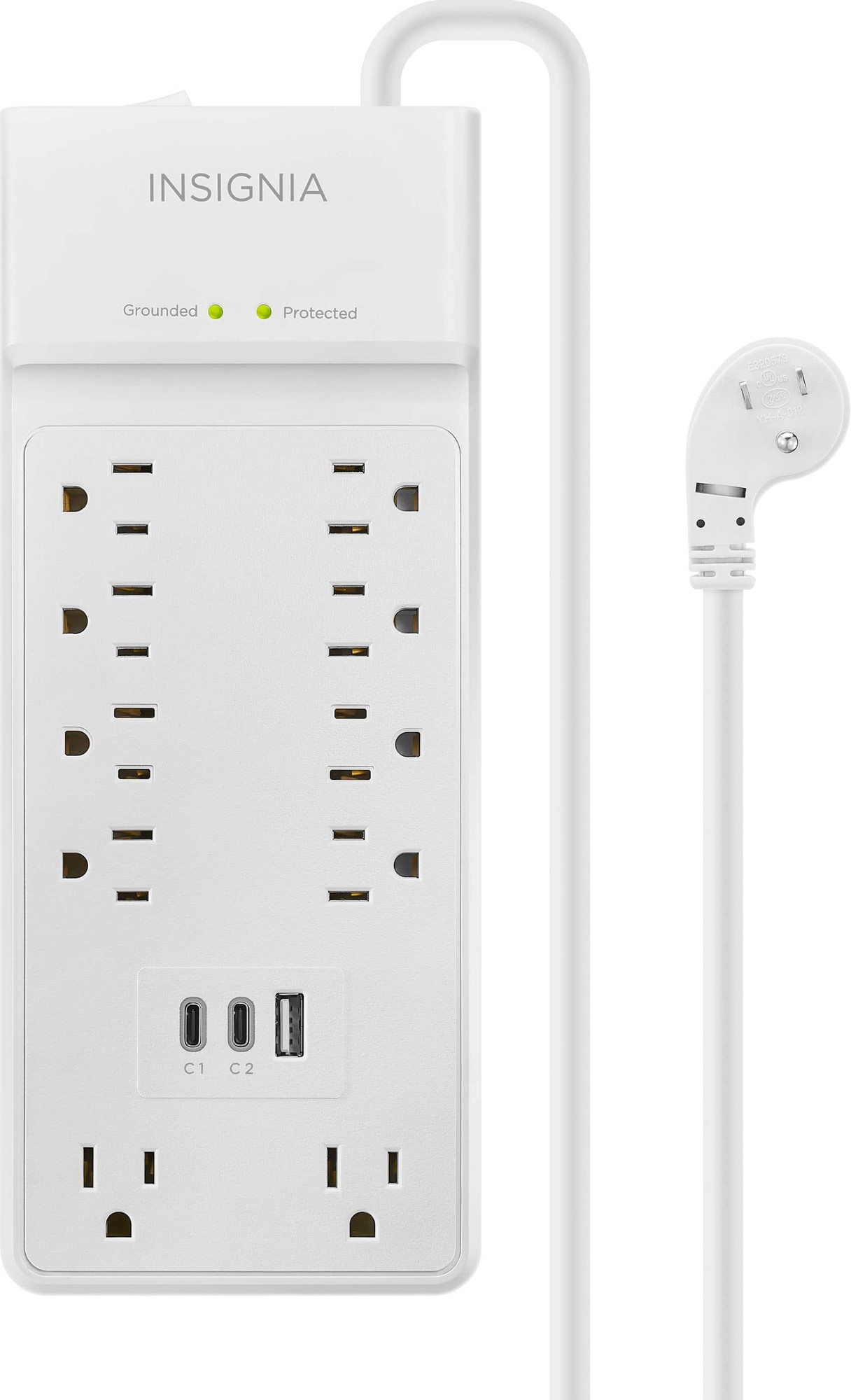 Insignia™ - 10-Outlet / 2-USB-C / 1-USB 2,400 Joules Surge Protector Strip with 6 Ft. Power Cord - White