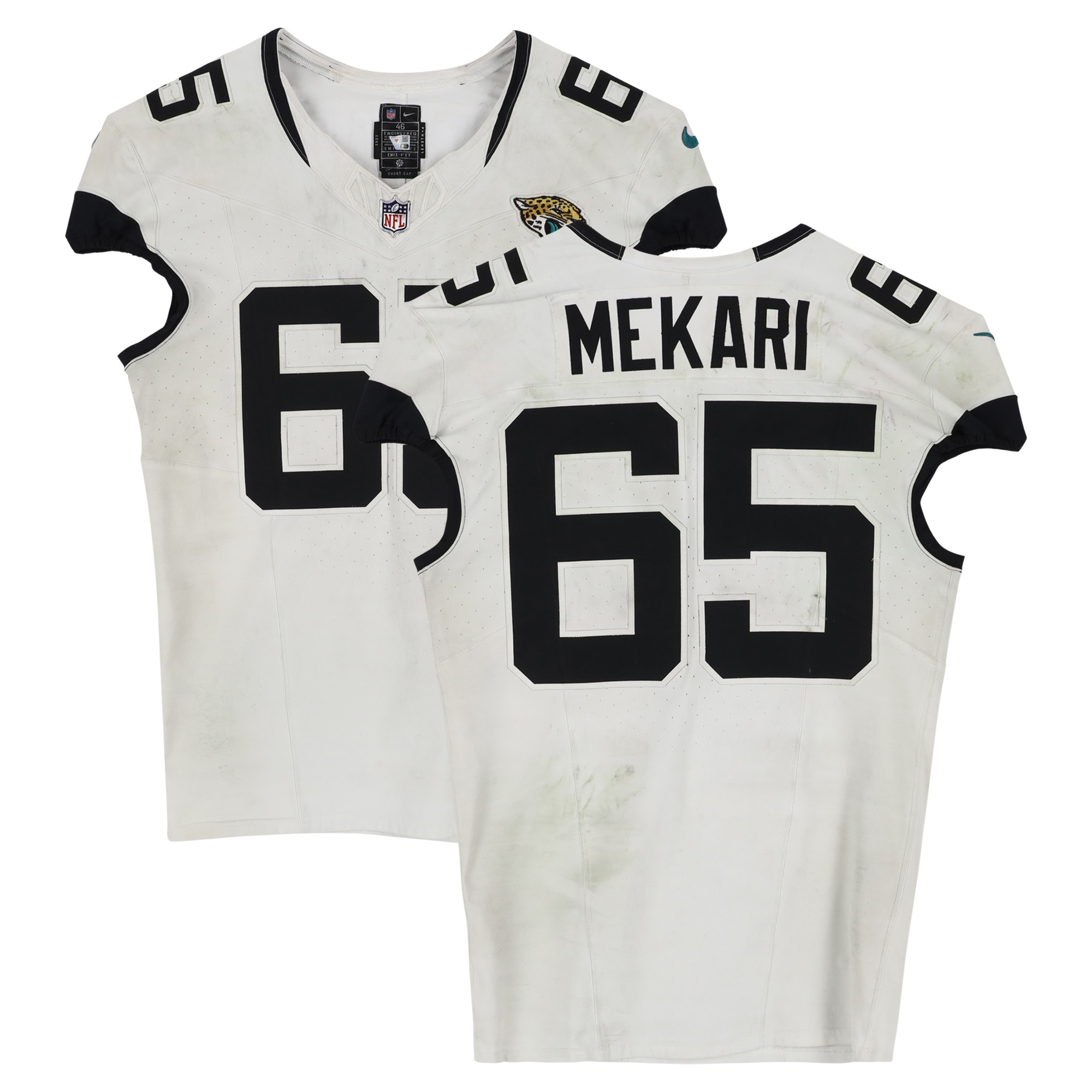 Patrick Mekari Jacksonville Jaguars Game-Used #65 White Nike Jersey Vs. Las Vegas Raiders on November 2, 2025