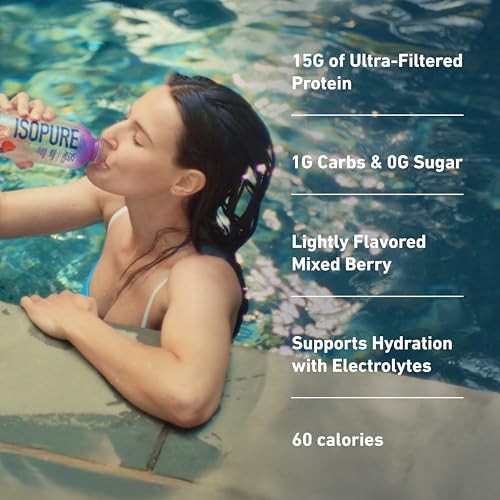 Isopure Clear Protein Water with Electrolytes, 15g Whey Protein Isolate, Zero Sugar, Mixed Berry, 20 Fl Oz Bottle, Single Count thumbnail