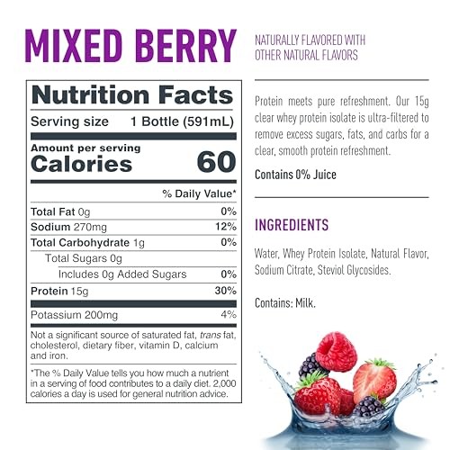 Isopure Clear Protein Water with Electrolytes, 15g Whey Protein Isolate, Zero Sugar, Mixed Berry, 20 Fl Oz Bottle, Single Count thumbnail