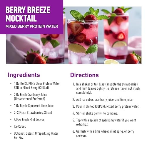 Isopure Clear Protein Water with Electrolytes, 15g Whey Protein Isolate, Zero Sugar, Mixed Berry, 20 Fl Oz Bottle, Single Count thumbnail
