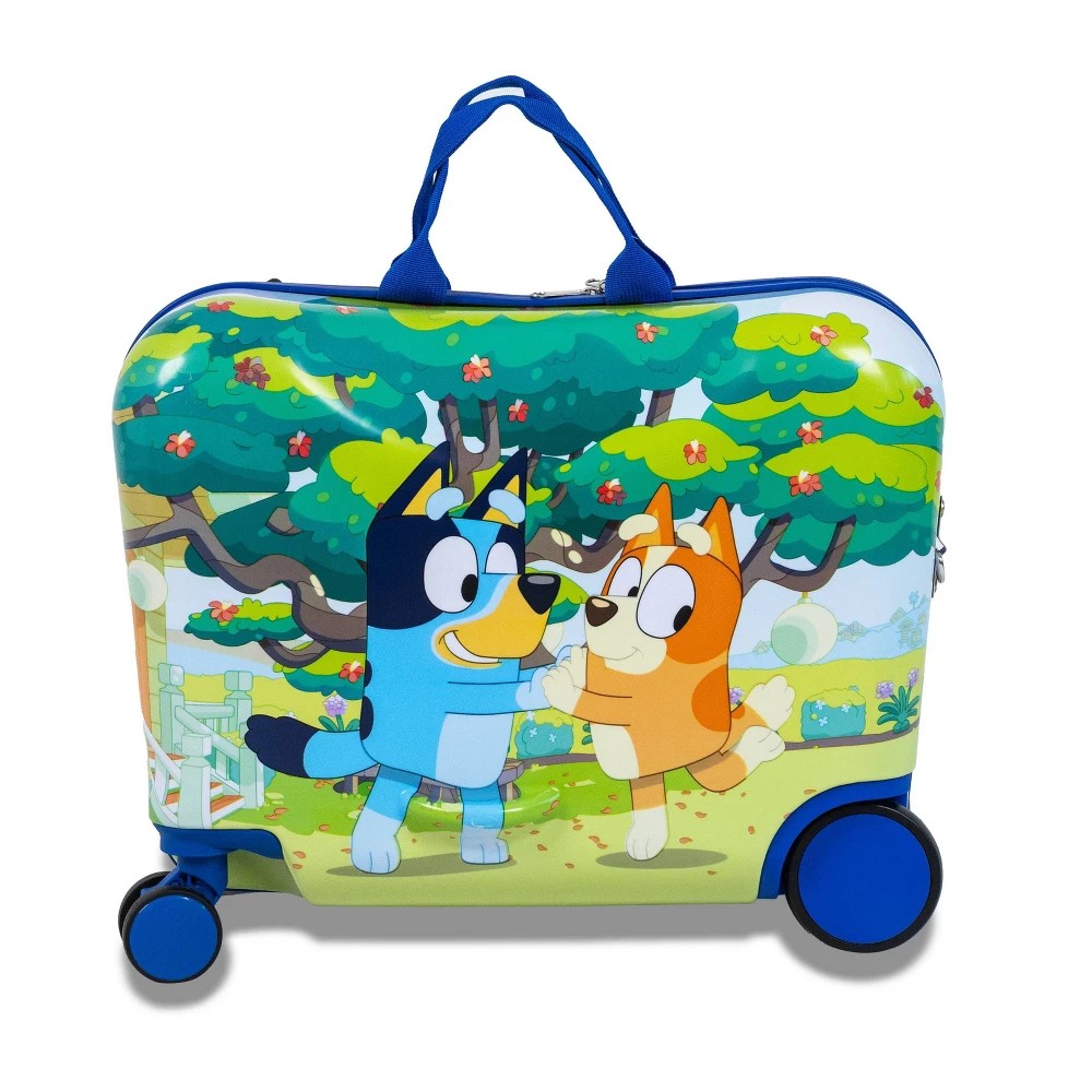 Bluey Checked Hardside Ride on Luggage - Bluey, ( missing belt and scratch )