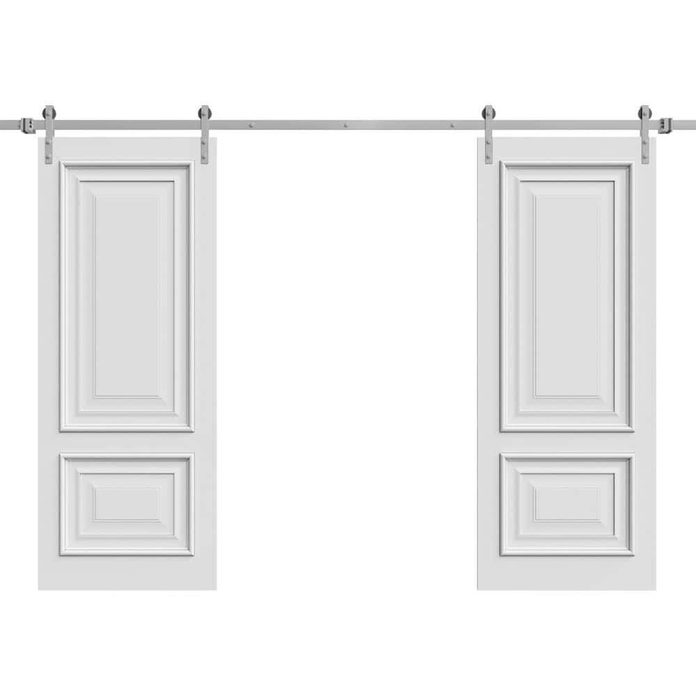 Double Barn Door 48 X 84 Inches | CLASSIC 2289 White Enamel | 13FT Silver Rail Track Set | Solid Panel Interior Doors