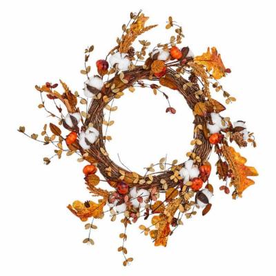 22 in. Artificial Cotton with Lvs and Mini Pumpkins Wreath on Natural Twig Base