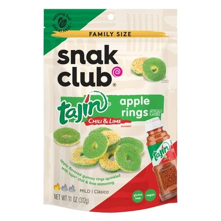Snak Club Tajin Apple Rings Gummy Candy  Fruit Candy Gummies with Chili and Lime Seasoning  Mild  Gluten-Free and Vegan Snacks  11 Oz Resealable Bag H
