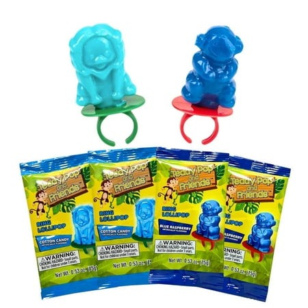 Teddy Pop and Friends Ring Lollipops 30 Count Blue Raspberry Cotton Candy Individually Wrapped Gluten Free Nut Free Wearable Candy Party Treats