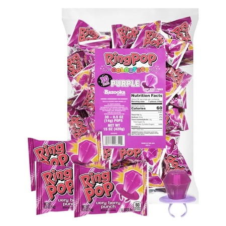 Ring Pop Purple Candy DMF15 Lollipops  30Ct Bulk Individually Wrapped in Very Berry Punch Flavor  Full Size  Fun Hard Candy for Birthday  Party Favors