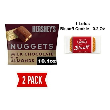 Hersheys Nuggets Milk Chocolate with Almonds Candy Share Pack  10.1 Oz - Pack of 2 & Lotus Biscoff Cookie - 0.2 Oz - 1 Ct