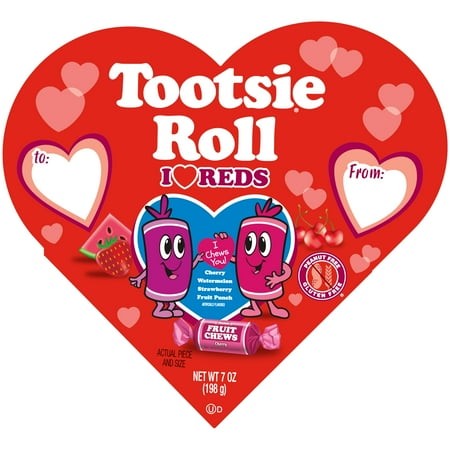 Tootsie Fruit Chews  I Heart Red  Heart Shaped Box  7 Oz. Peanut Free  Gluten Free. Contains Milk and Soy