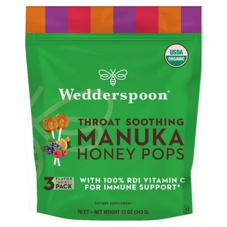 Wedderspoon Organic Manuka Honey KEF28 Lollipops  Variety Pack  70 Count (Pack of 1) Genuine Manuka Honey + Vitamin C No Artificial Flavors or Dye Fee