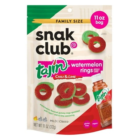 Snak Club Watermelon Rings  Tajin MDA05 Chili & Lime Seasoned  Sweet and Spicy Gummy Candy  Mild in Heat Bold in Flavor  Low-Fat  Vegan  Gluten-Free S