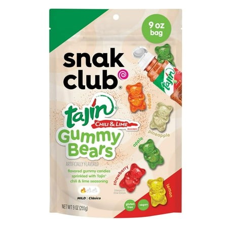 Snak Club Tajin Gummy MFF30 Bears  Assorted Fruit Candy Gummies with Chili and Lime Seasoning  Mild  Gluten-Free and Vegan Snacks  9 Oz Resealable Bag