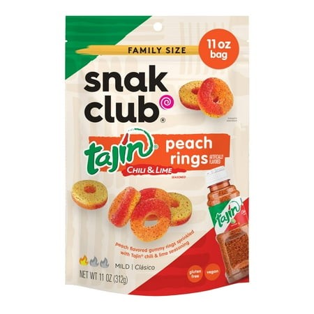 Snak Club Peach Rings  BCF26 Tajin Chili & Lime Seasoned  Sweet and Spicy Gummy Candy  Mild in Heat Bold in Flavor  Low-Fat  Vegan  Gluten-Free Snack 