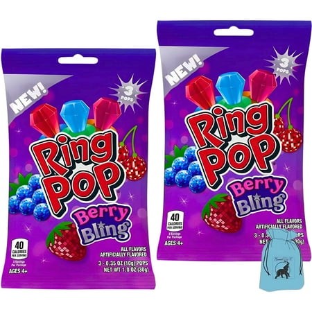 (2) Ring Pop Berry Bling  1 Oz Bag with 3 Candy Gem Pops  Wearable Lollipop Rings in Blue Raspberry Strawberry Cherry Flavors Fun Party Favors Bag Fil