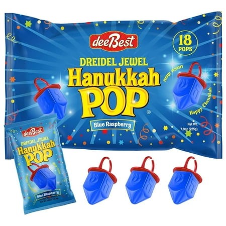 Dee Best Dreidel Jewel Pop Hanukkah Blue Raspberry Ring-Shaped Lollipops  Kosher Candy  Individual Wrapped Holiday Treats  18 Count